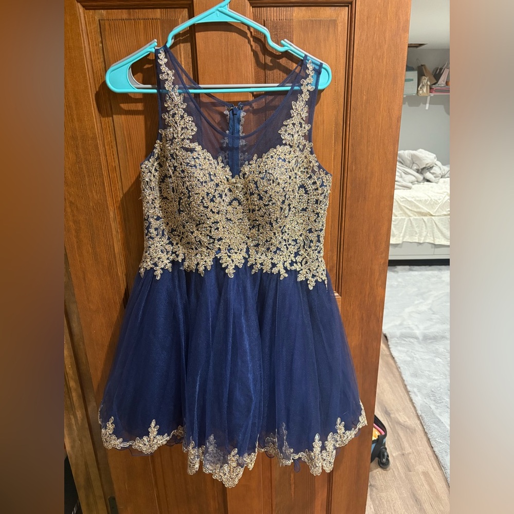Elegant Navy and Gold Lace Prom Dress